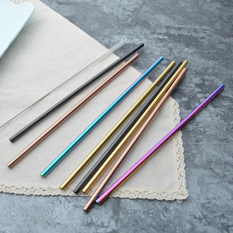 Paille à boire réutilisable en acier inoxydable 304, paille métallique droite et courbée avec pochette pour brosse de nettoyage, vente en gros