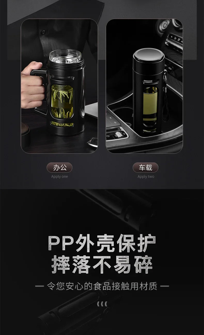 400, 600, 800, 1000ml glass bottle/cup with filter cord, plastic case, glass cup, water bottle, business gift, black/blue