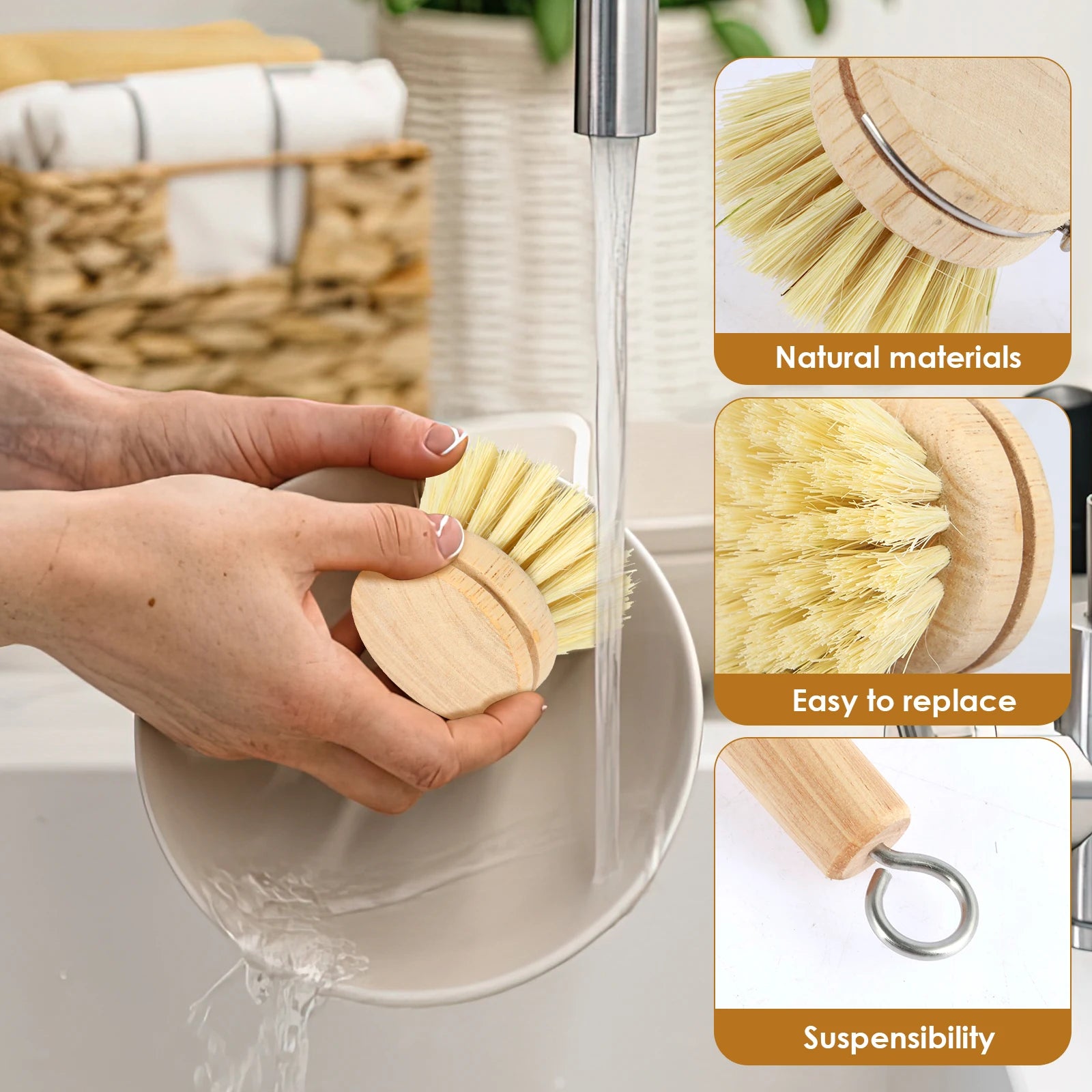 Brosses à vaisselle en bambou remplaçables, épurateurs de nettoyage en bois de cuisine, outil de nettoyage ménager, 4/5 pièces