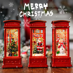 Décoration de cabine téléphonique de noël avec père noël, bonhomme de neige et arbre-ornement de cabine téléphonique rétro rouge avec décoration légère pour la maison