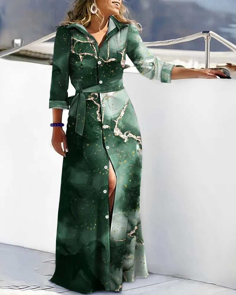 Robe chemise décontractée pour femmes, col en v, imprimé irrégulier, fente, mi-longue, mode d'été élégante, plage, vacances, vêtements féminins