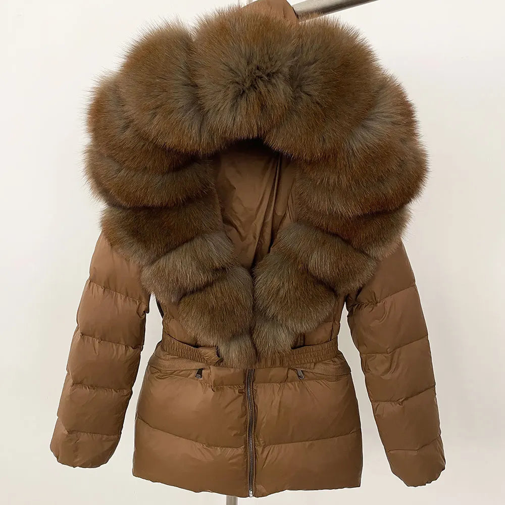 OFTBUY 2024 veste d'hiver femmes naturel réel raton laveur col de fourrure de renard à capuche blanc canard vers le bas manteau ceinture épais chaud vêtements d'extérieur décontractés