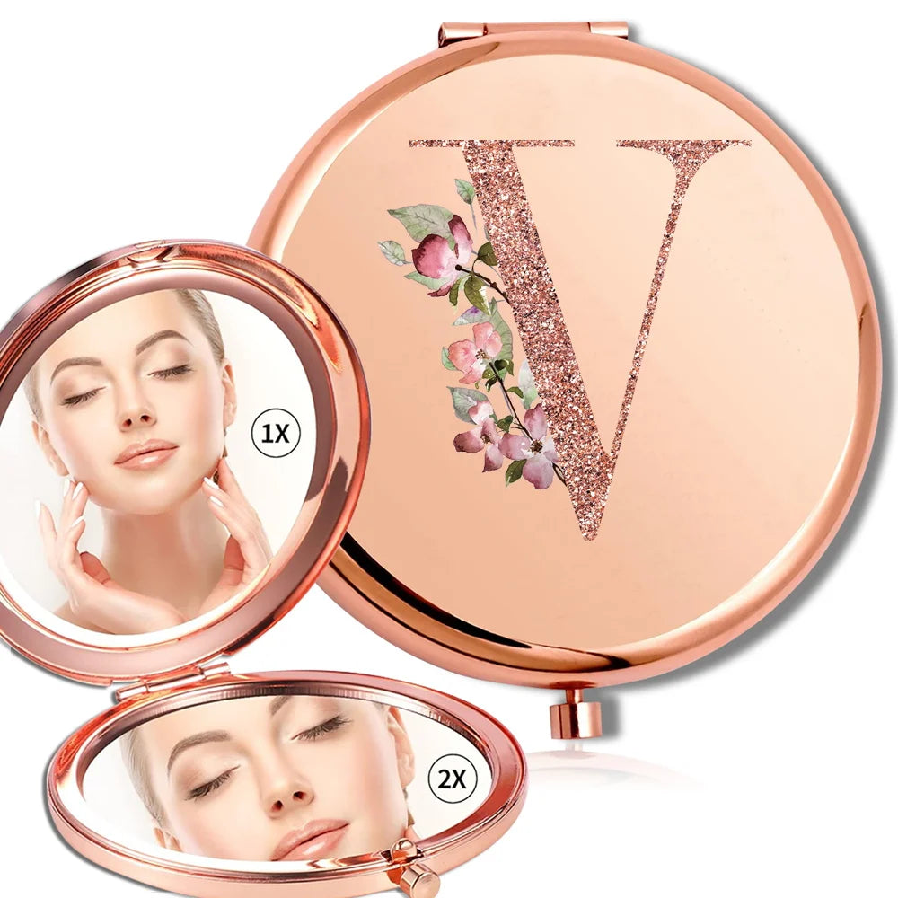 Miroir rond de maquillage grossissant Double face en métal, cosmétique, aspect Portable, verre, Compact, motif de lettres en or Rose