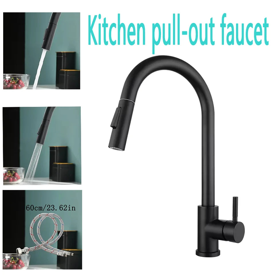 Flexible black cooking spaces, ribbed nozzle, stainless steel, hot and cold, 2 modes