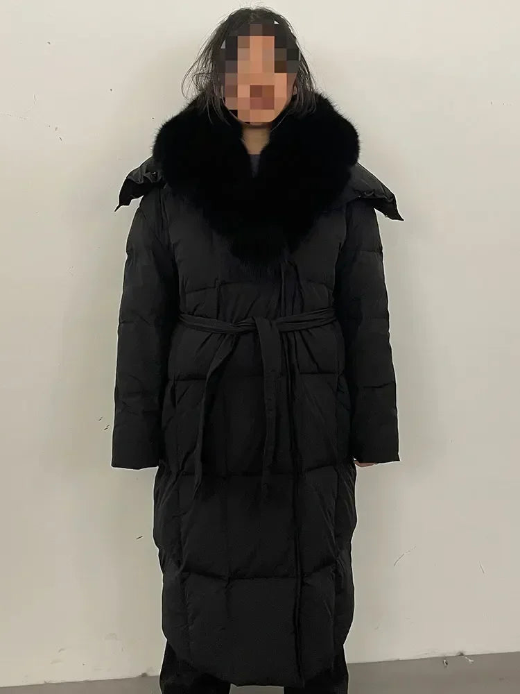Veste d'hiver chaude et élégante pour femme, avec ceinture à capuche, simple boutonnage, col en vraie fourrure de renard, manteau épais et ample en duvet de canard blanc