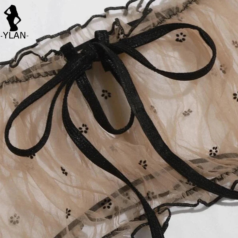 Ensemble de soutien-gorge à fleurs pour femmes, Lingerie Sexy, mignon, sans bretelles, Bralette, culotte, sous-vêtements fantaisie, intime, Transparent, érotique