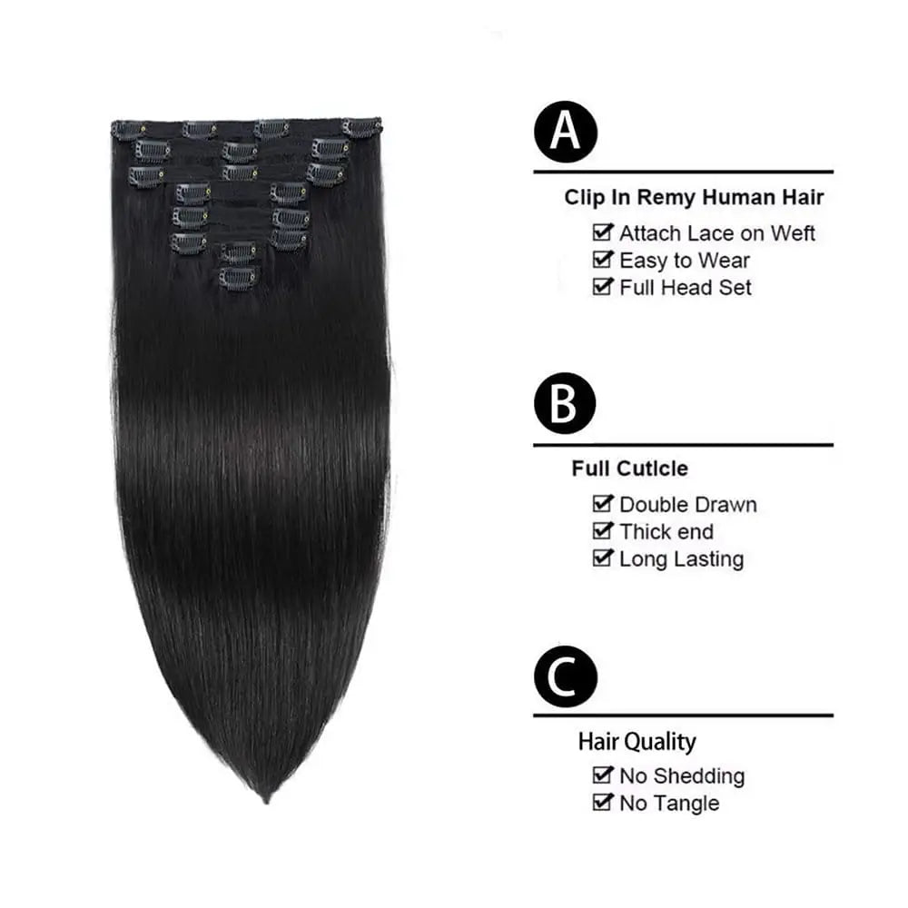 Extensions de cheveux humains à clipser pour femmes, vrais cheveux humains, 120 Remy, raides, noir naturel, # 1B, mode, 100% g, 8 pièces