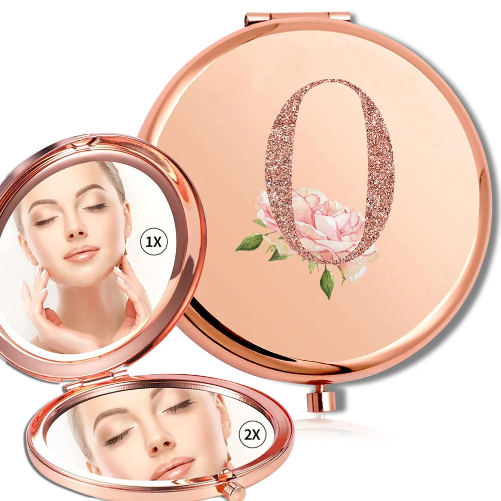 Miroir rond de maquillage grossissant Double face en métal, cosmétique, aspect Portable, verre, Compact, motif de lettres en or Rose