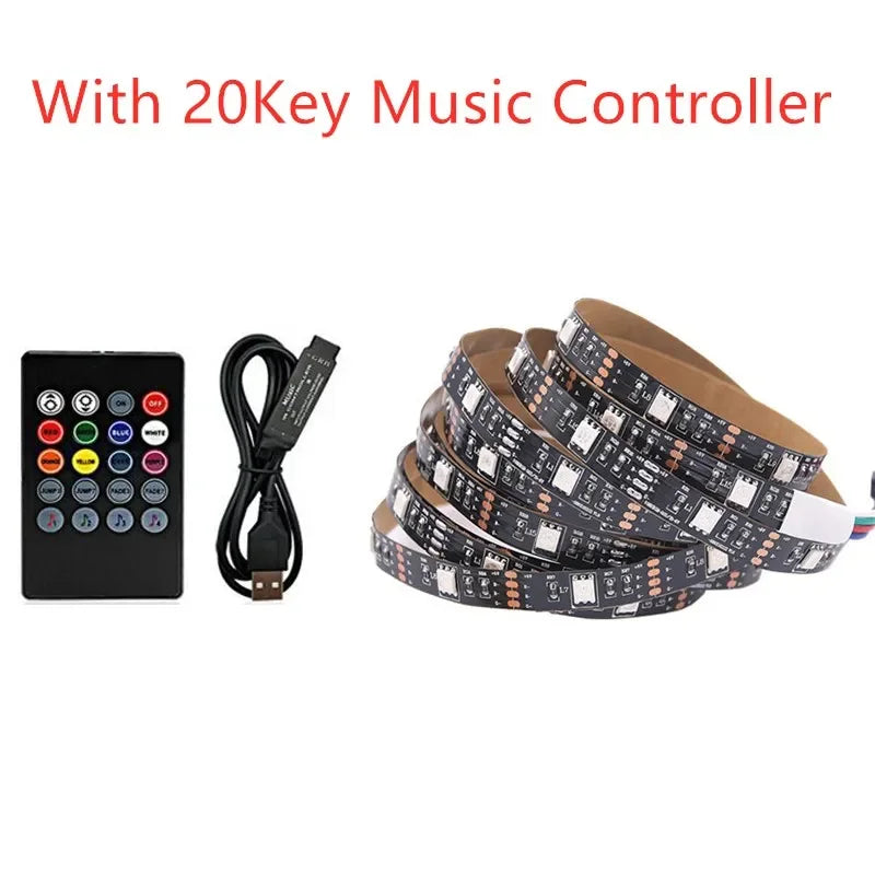 5V RGB USB LED Strip Light, Waterproof, Black PCB 5050, 0.5m, 1m, 2m, 3m, 4m, 5m, LED Strip Light, PC, TV Backlight, Remote Control