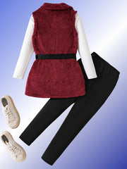 Gilet en velours d'agneau rouge vin pour enfants, haut à bande de fosse, mince, longue ceinture, costume simple amincissant, hiver, filles, 3 pièces
