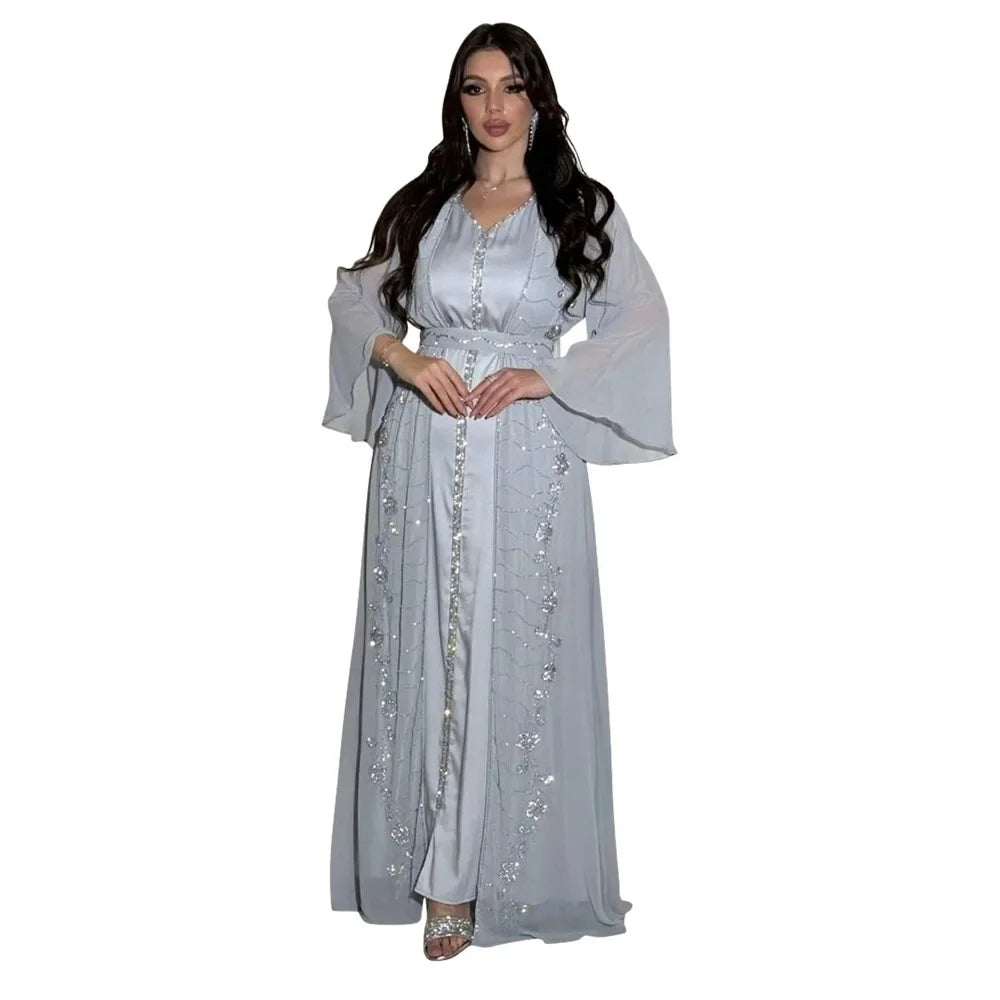Elegant 2-piece set for Muslim women, open Arabic Eid abaya dress, Islamic jalabiyya, luxury Turkish dress, Moroccan caftan