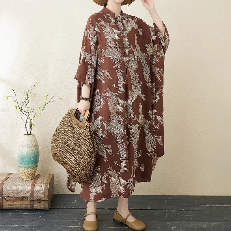 Summer commute. Cotton linen print loose long dress with high neck A-line skirt. Seven long dresses available in plus sizes.