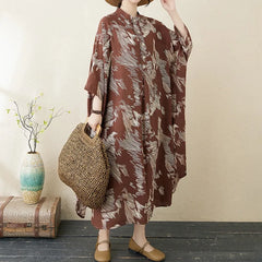 Summer commute. Cotton linen print loose long dress with high neck A-line skirt. Seven long dresses available in plus sizes.