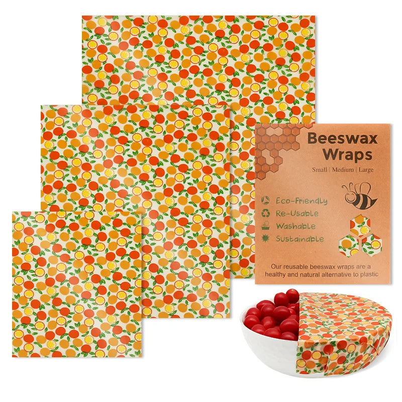 Beeswax Food Wrap 3-Piece Set, Reusable Eco-Friendly Organic Cotton Wax Fabric, Household Plastic Wrap Replacement, Washable Lemon Pattern