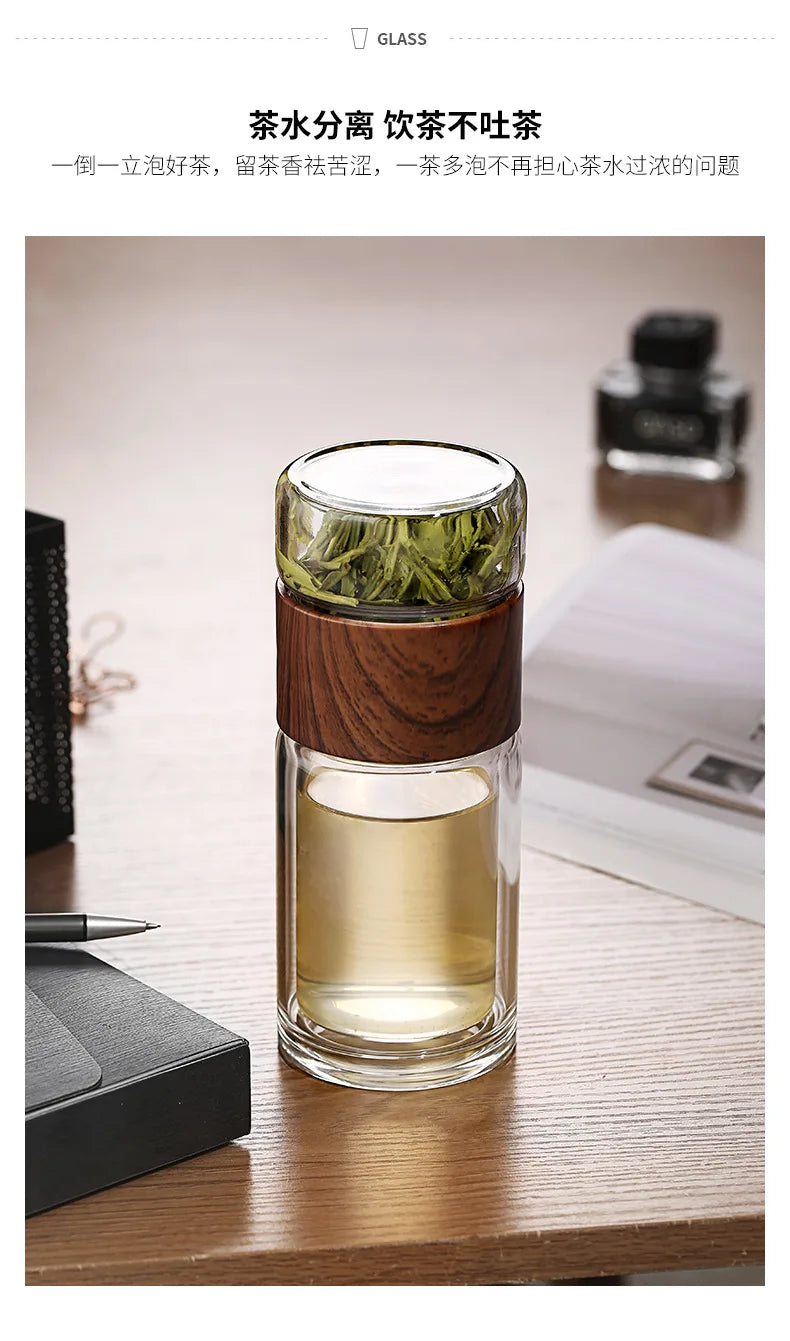 Bouteille d'eau en verre double de haute qualité avec étui, bouteille de clics de thé, infuseur, gobelet, verres, bouteille d'eau écologique