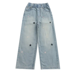 Five-pointed star embroidered jeans for girls aged 3 to 12, stylish wide-leg denim trousers, new spring/autumn collection