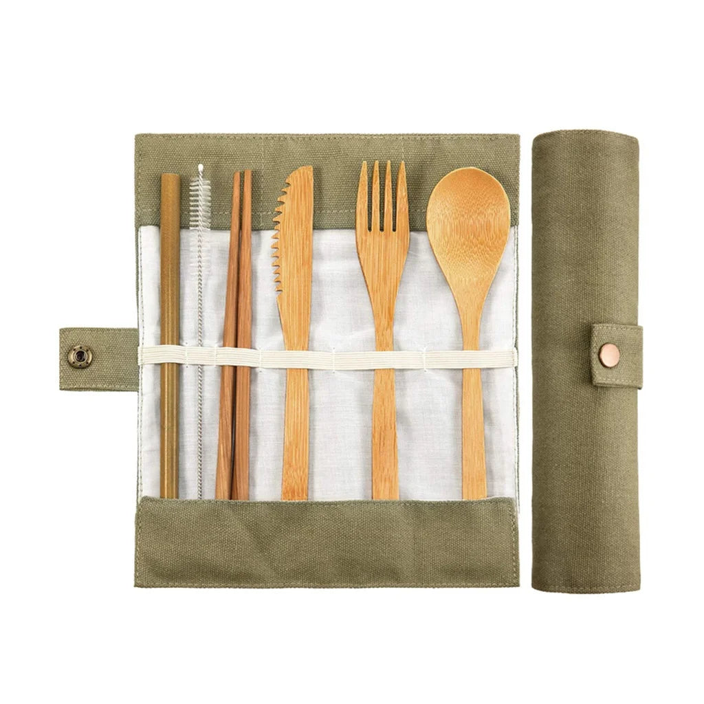 Vaisselle de voyage en bambou, ensemble de couverts en bambou réutilisables avec étui de transport, vaisselle Portable en bois, brosse à dents au charbon de bambou