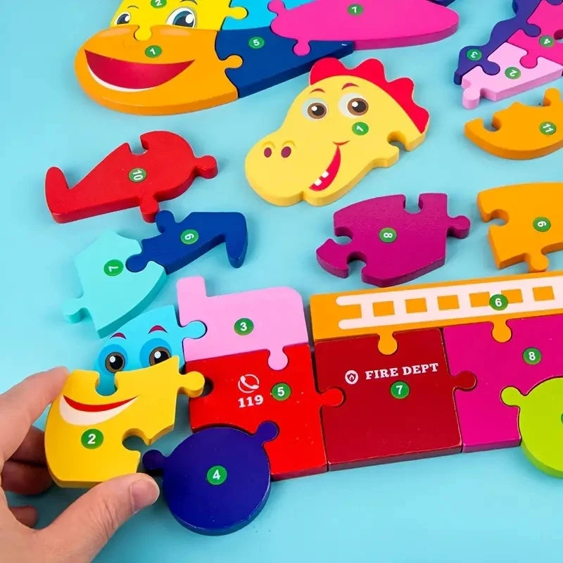 Puzzles en bois pour enfants, puzzle de chiffres, puzzles de dinosaures et animaux, trafic, jouets de puzzle de personnages pour garçon et fille, cadeau idéal, 1-6