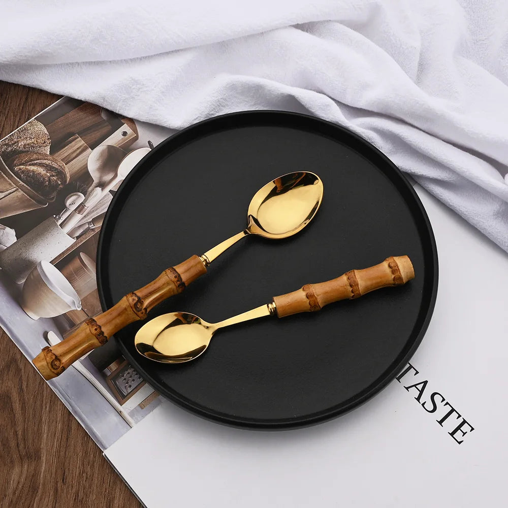 Couverts en acier inoxydable avec manche en bambou naturel, 24 pièces, service de table, couteau à steak