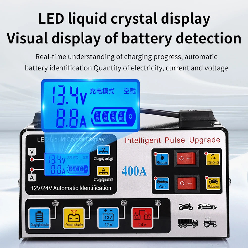 High-power car battery charger, fast charger, intelligent pulse repair, automatic shut-off, 400A, 12V, 24V, 220W