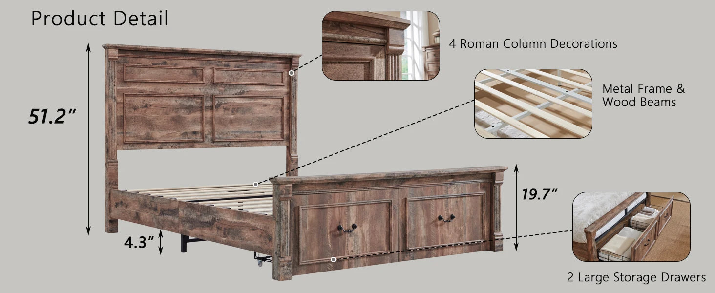 Cadre de lit queen size Farmhouse, avec tête de lit de 51 po de hauteur, cadre de lit en bois avec pied de lit de 20 po de hauteur et 2 grands tiroirs de rangement