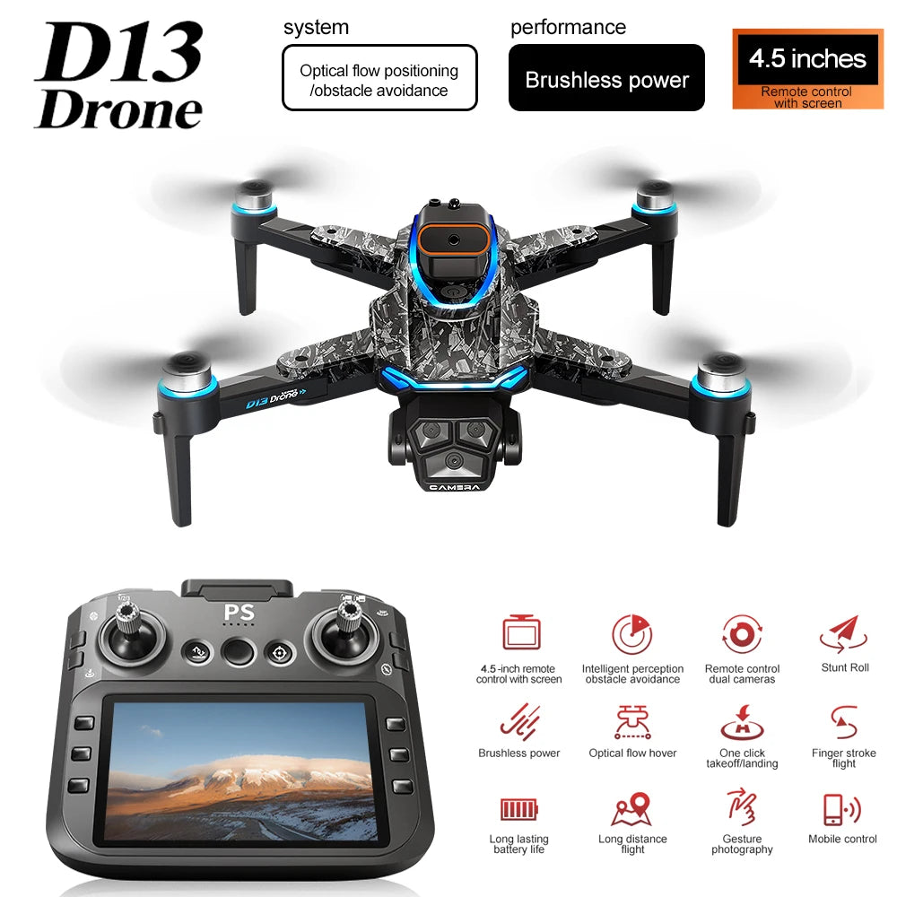 Nouveau Drone D13 4K professionnel trois caméras HD avec grand écran 5G WIFI FPV Dron flux optique sans brosse vol stationnaire pliable quadrirotor