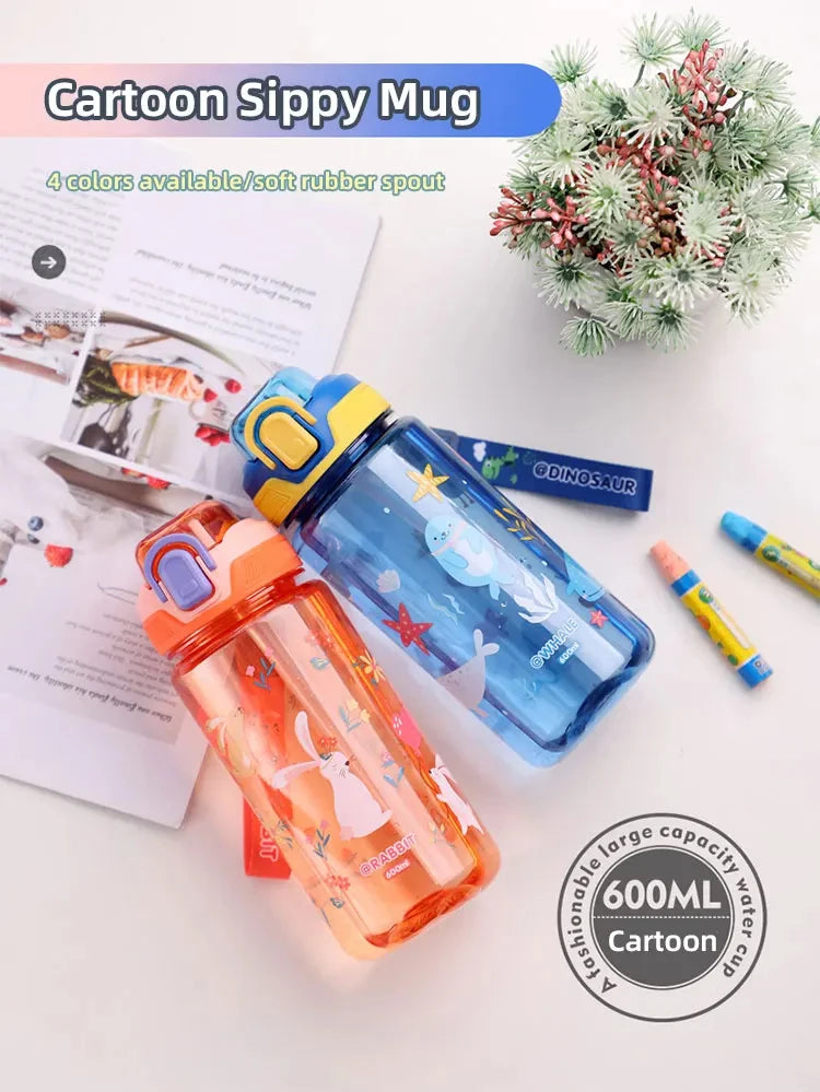 Bouteille d'eau dinosaure de 600ml pour enfants, tasse à bec avec paille en Silicone, bouteilles d'eau en plastique étanches, tasse d'eau d'été pour enfants