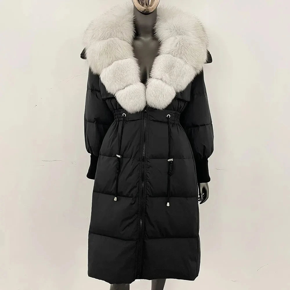 Doudoune longue avec col en fourrure pour femme, pardessus en fourrure de renard, longueur aux genoux, à la mode, chaude, cintrée à la taille, vêtements d'extérieur amincissants