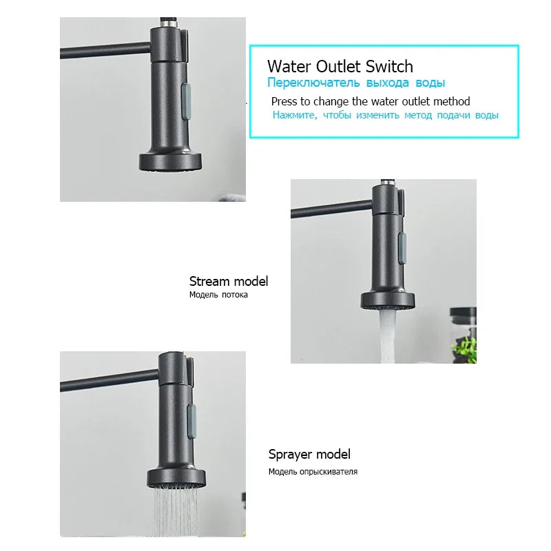 Robinets de cuisine extractibles à ressort, tête de pulvérisation, robinet d'eau chaude et froide, Rotation en acier inoxydable, mitigeur de cuisine, grue