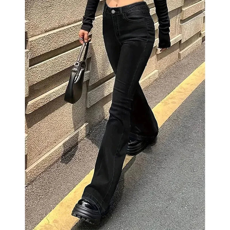 Girls' high-waisted flared jeans, stretch denim pants, bootcut fit, solid color, narrow bell leg, 2025