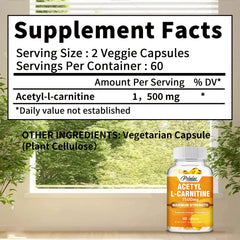Acétyl L-carnitine - Supporte la concentration mémoire, augmente les performances du corps, la nutrition sportive, l'énergie métabolique - 120 capsules