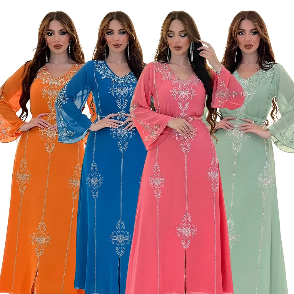 Eid Jalabiya - Women's Muslim Evening Dress, Diamond Lace-Up Arabic Abayas, Long Dresses, Elegant Dress, Educational Dress for Ramadan