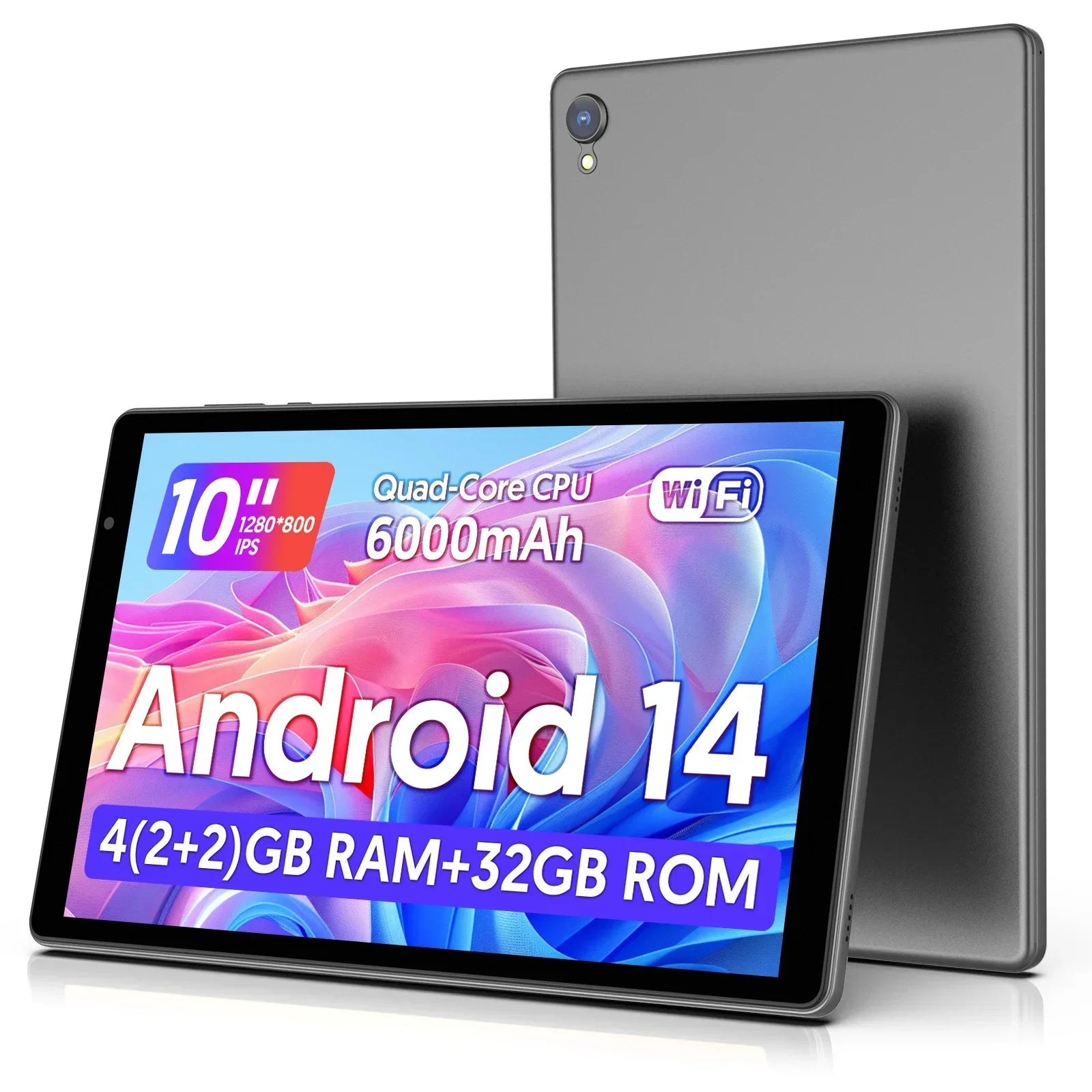 Dernière tablette Android 14, tablette 10 pouces, processeur Quad-core, WiFi 5G, 4 Go de ROM + 32 Go de RAM, résolution 1280 x 800, batterie 6000 mAh