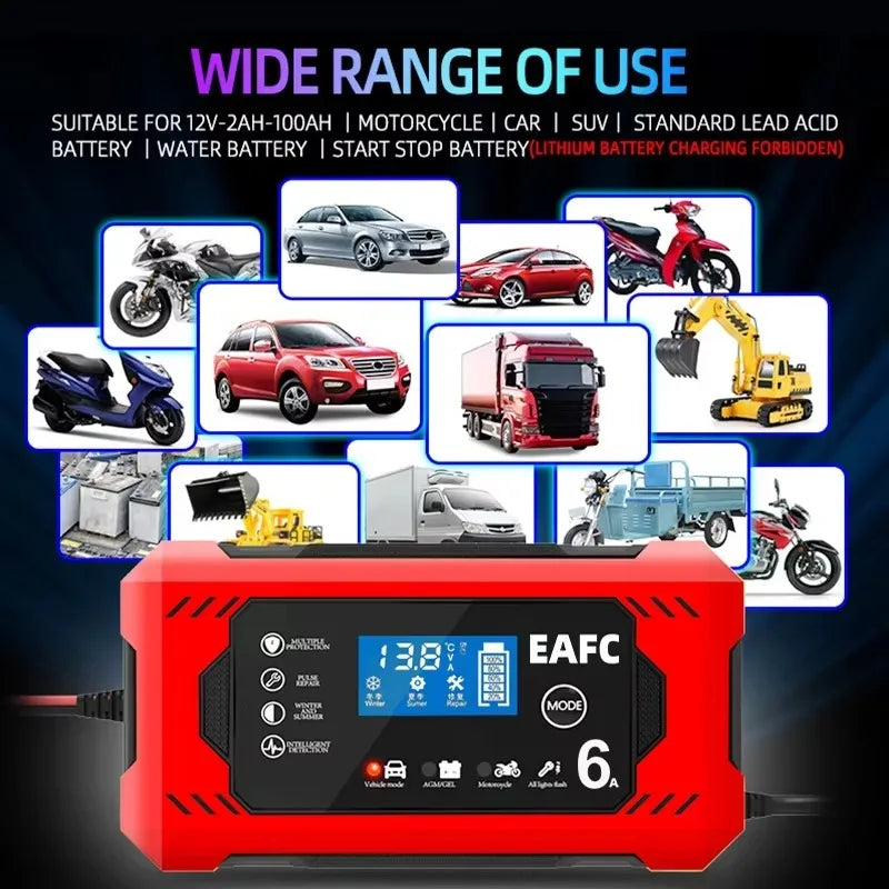 Chargeur de batterie de voiture, grand écran 6a 12V, dispositif de charge de batterie de voiture et de moto, batterie au plomb, réparation intelligente, écran LCD