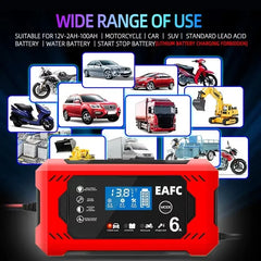 Chargeur de batterie de voiture, grand écran 6a 12V, dispositif de charge de batterie de voiture et de moto, batterie au plomb, réparation intelligente, écran LCD