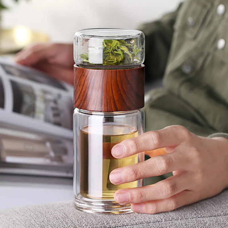 Bouteille d'eau en verre double de haute qualité avec étui, bouteille de clics de thé, infuseur, gobelet, verres, bouteille d'eau écologique