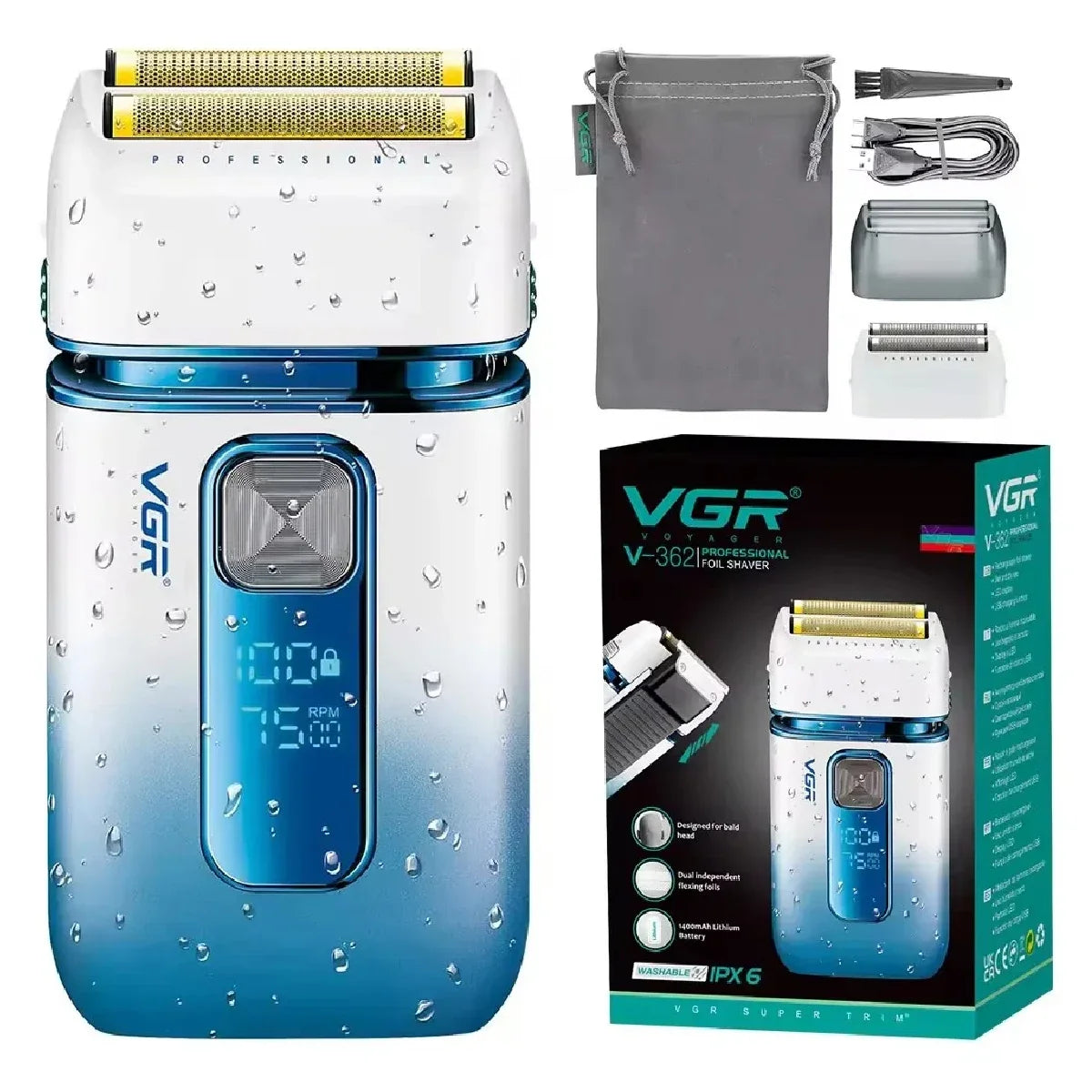 VGR professionnel cheveux barbe rasoir électrique pour hommes USB Rechargeable lavable électrique rasoir chauve tête Machine à raser