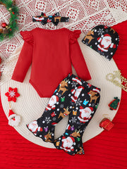 Ensemble de vêtements de Noël pour bébé : joli bas cloche imprimé père Noël et renne avec body à volants rouge et accessoires.