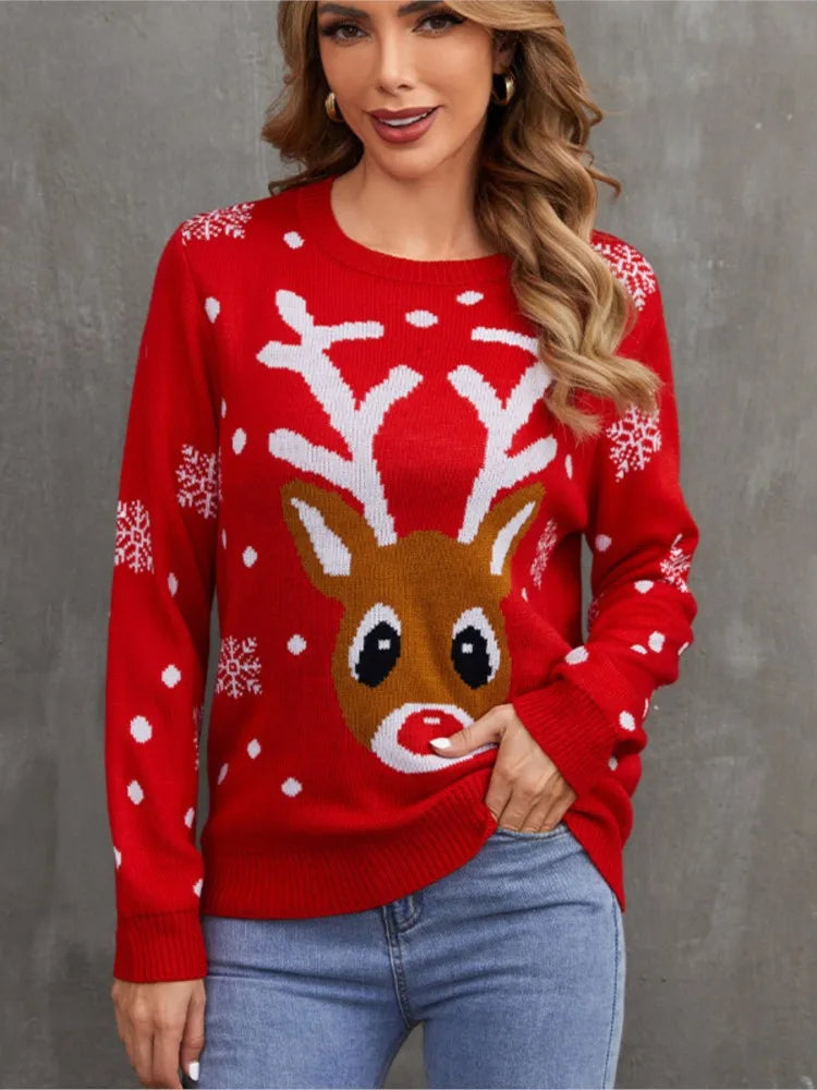 Round neck knitted Christmas sweater, elegant, casual, loose fit, for parties, new fashion, autumn and winter