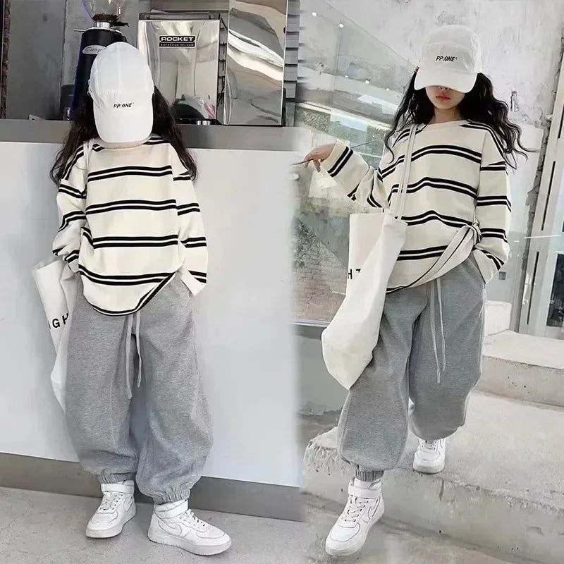 Ensemble de vêtements simples de Style coréen pour filles, 2 pièces, rayé à manches longues + pantalon ample, tenues pour adolescentes de 6 8 10 12 14 ans, 2025