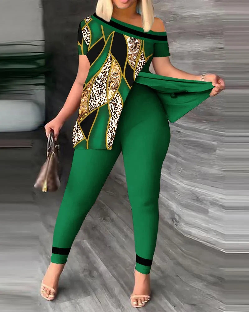 Ensemble deux pièces élégant pour femmes, nouvelle mode, imprimé, manches à volants, haut, pantalon de couleur unie, avec ceinture, chemisiers, vêtements féminins