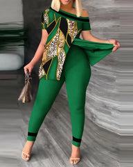 Ensemble deux pièces élégant pour femmes, nouvelle mode, imprimé, manches à volants, haut, pantalon de couleur unie, avec ceinture, chemisiers, vêtements féminins