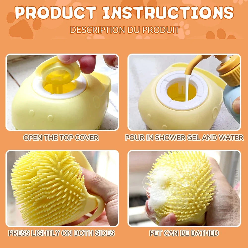 Brosse de bain pour chien, brosse de Massage pour animaux de compagnie, distributeur de shampoing, brosse en Silicone souple, poils en caoutchouc pour chiens et chats, outil de toilettage de douche