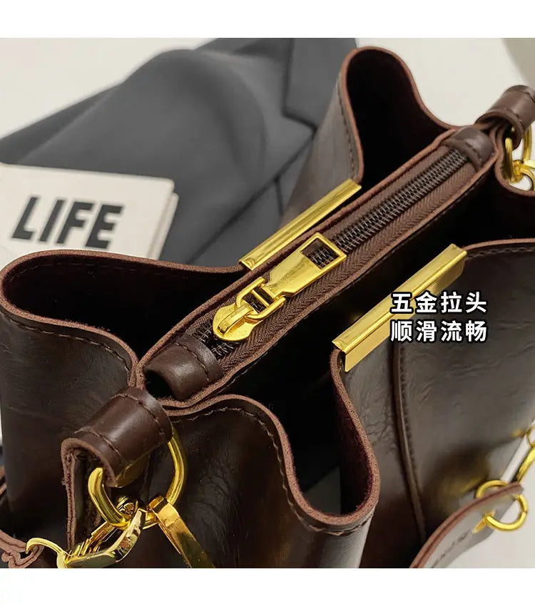 Women's PU leather chain bucket bag, Korean style handbag, shoulder bag, 2025 
