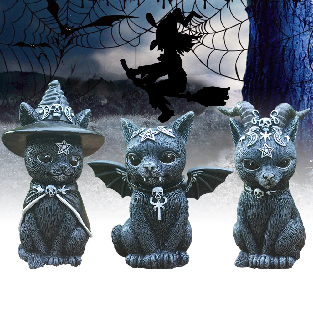 Figurine décorative d'halloween, Sculpture de chat sorcière de jardin, Statue de chaton gothique, chat magique noir, hibou, ornement de magicien, Miniature mignonne
