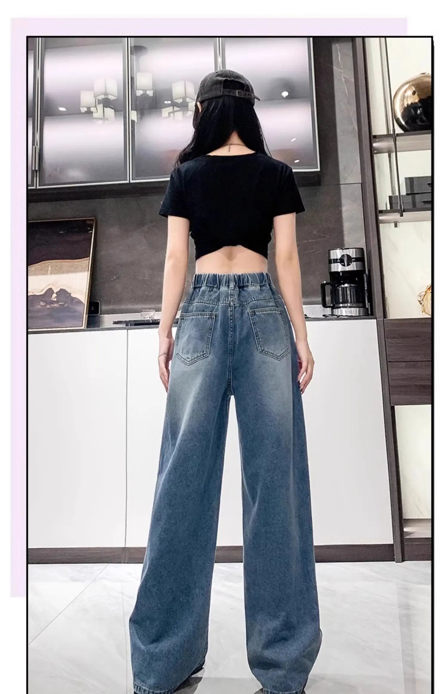 Jean ample à jambes larges, taille haute, bleu clair, grande taille, taille élastique, pantalon Dstring, pantalon Long amincissant