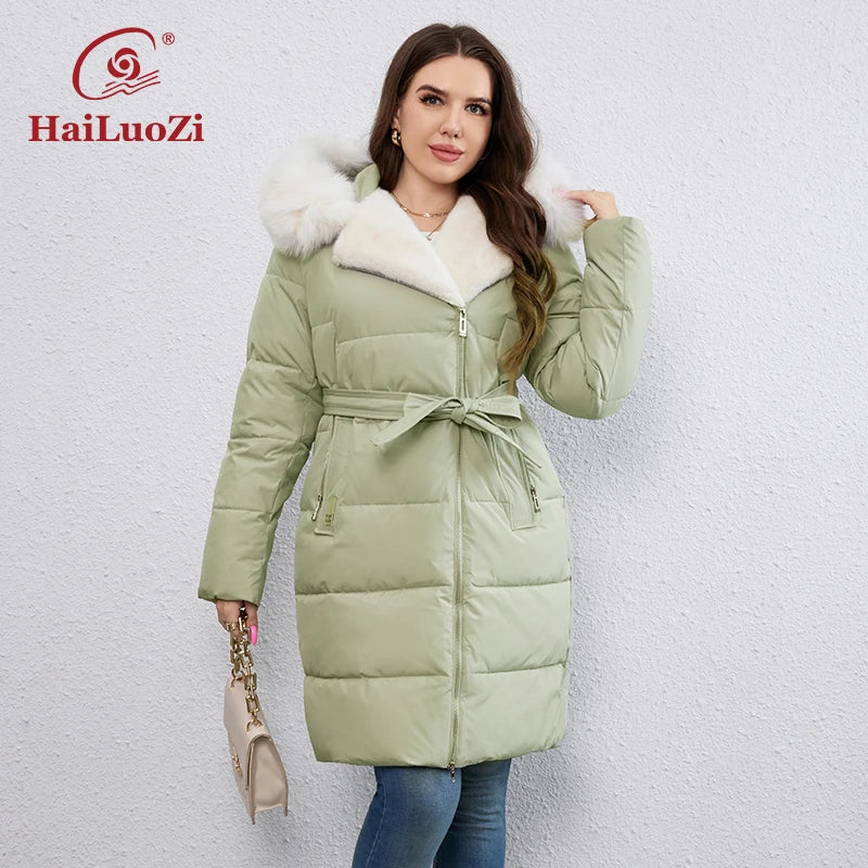 HaiLuoZi-Doudoune Longue en Coton pour Femme avec Ceinture en Fourrure, Manteau à Revers, Fermeture Éclair Indépendante, Vêtements d'Extérieur, Nouvelle Collection Hiver 2023, 1171