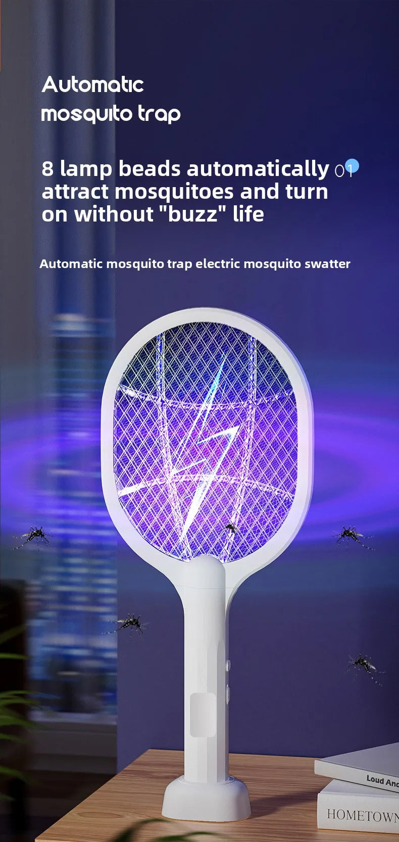 Tapette électrique anti-moustiques et lampe répulsive, Rechargeable par USB + Base, bâtons rechargeables, dispositif anti-insectes intérieur et extérieur 2 en 1