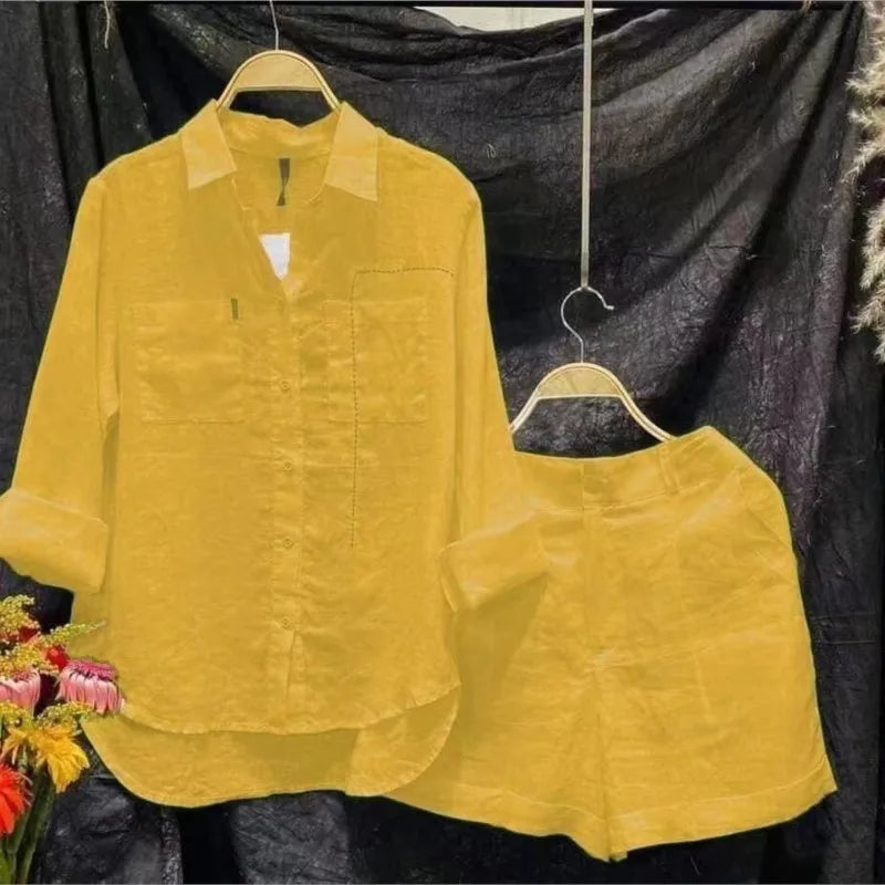 Ensemble d'été 2 pièces en coton et lin pour femmes, chemise et short blancs à manches longues, à la mode, pour la maison, survêtement, 2024