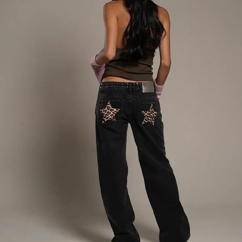 Spanish street fashion ONE DILEMMA Style Rivet five-pointed star pattern white jeans women's autumn straight slim pants